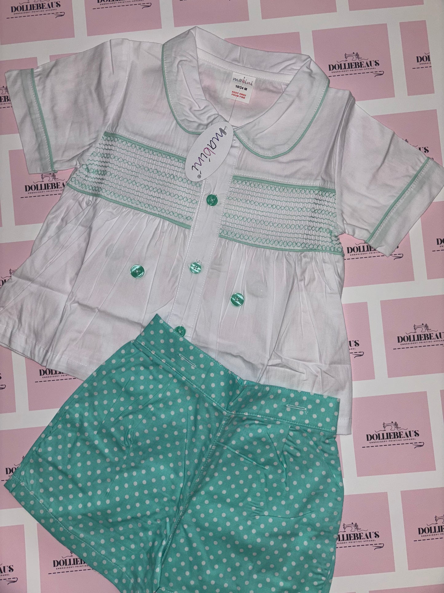 Smocked Mint Polka Dot Short Set