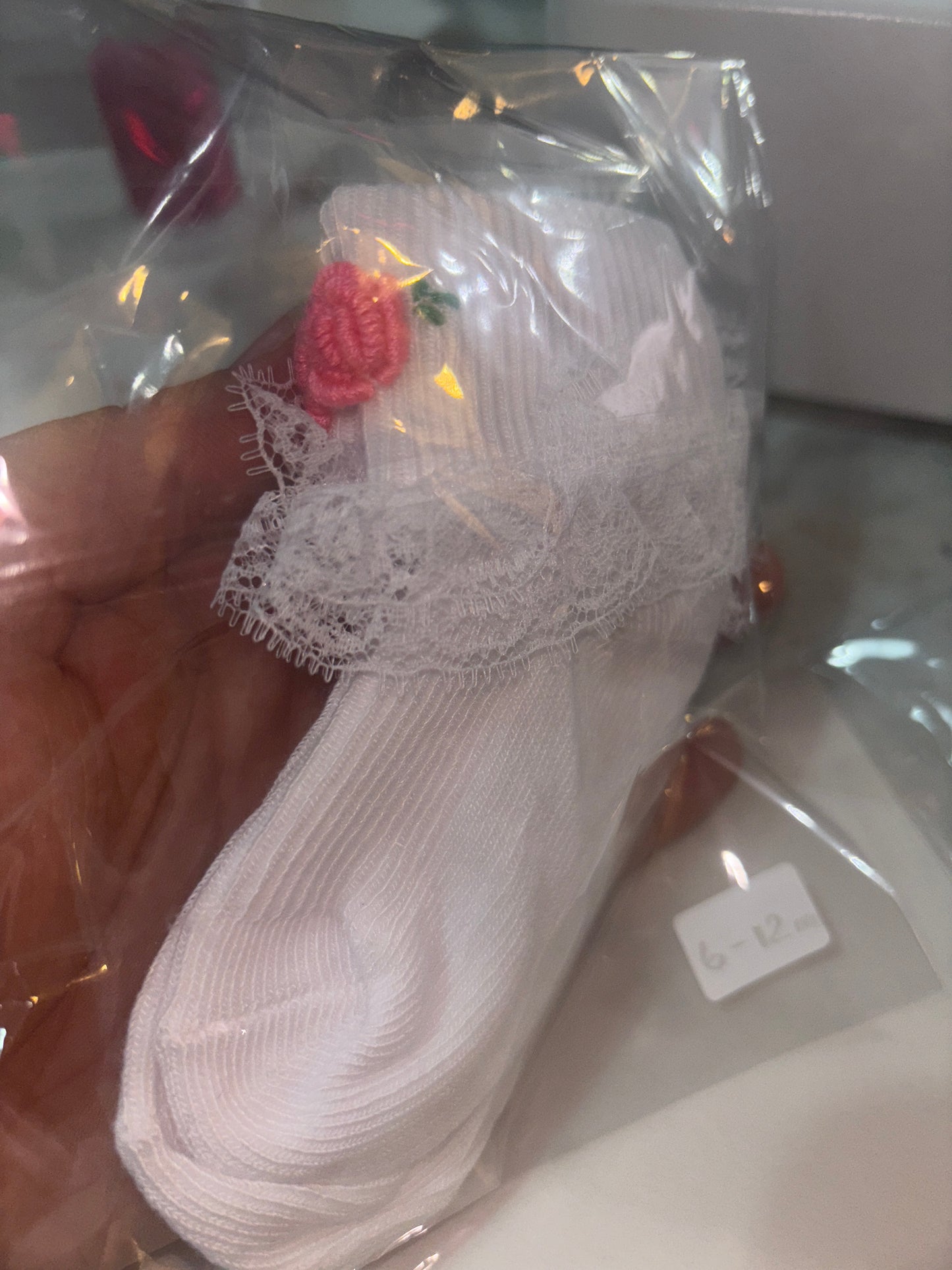 Pink Rose Hand Embroidered Frill Socks 6-12m