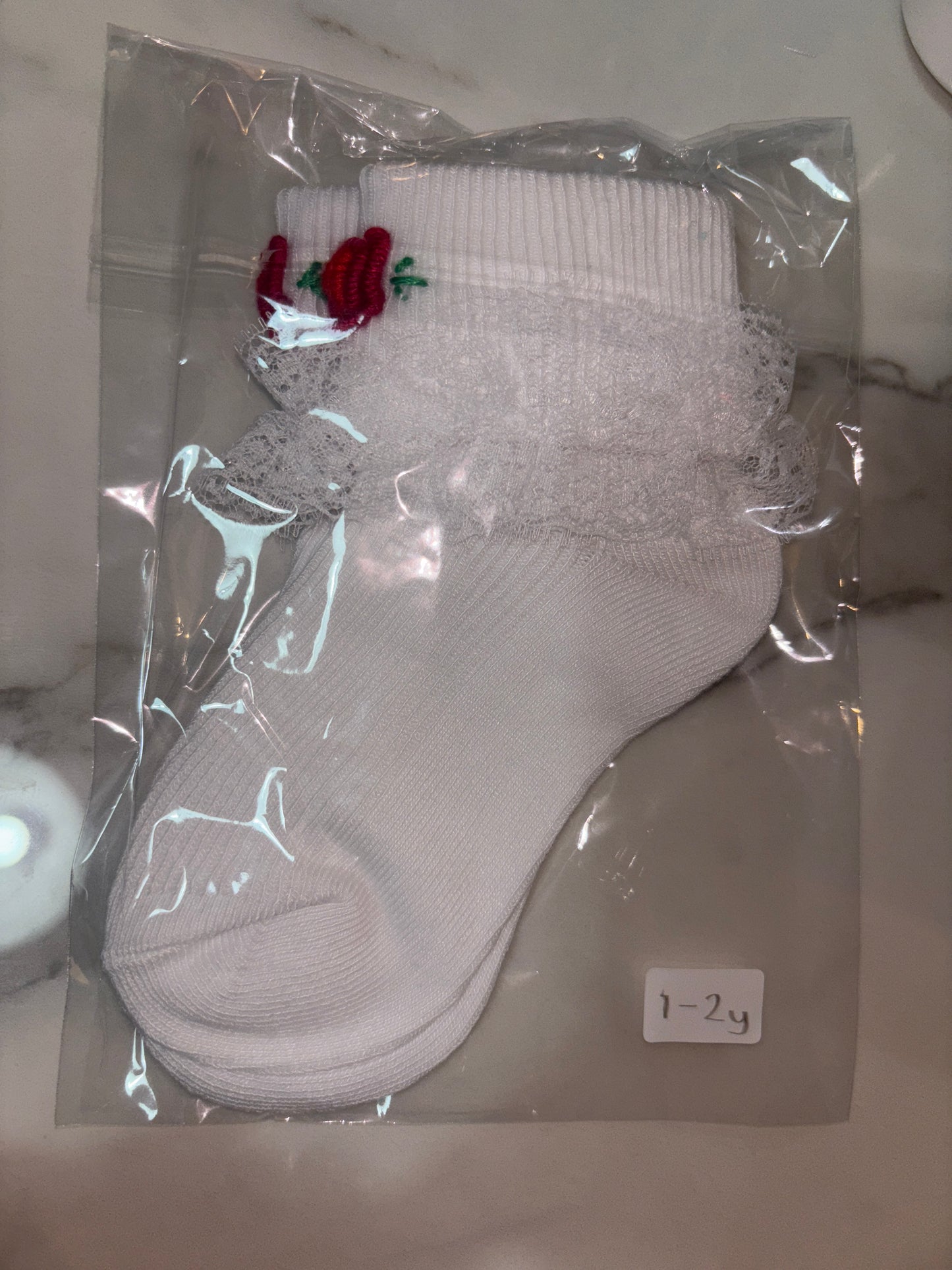 Red Rose Hand Embroidered Frill Socks 1-2y