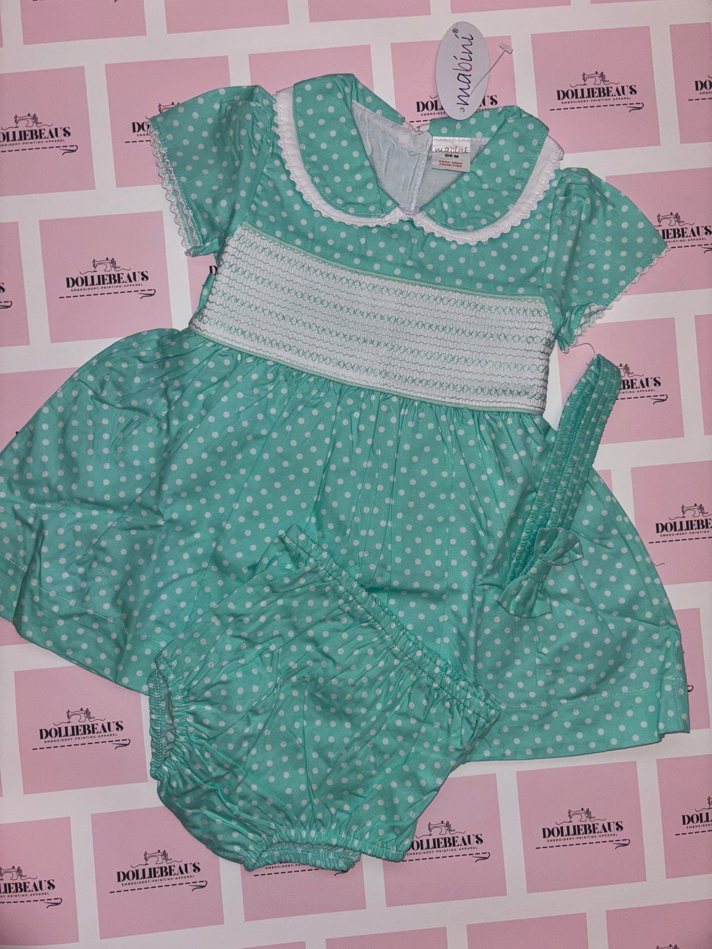 Mint Smocked Polka Dot Dress Set
