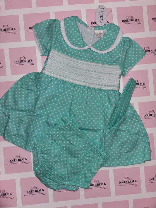 Mint Smocked Polka Dot Dress Set