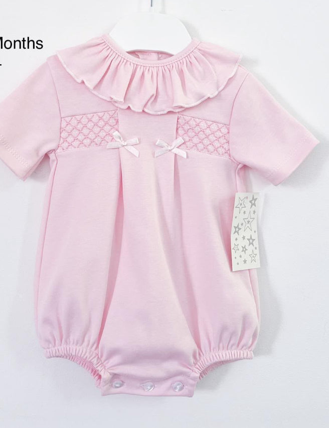 Smocked frill neck romper with bows