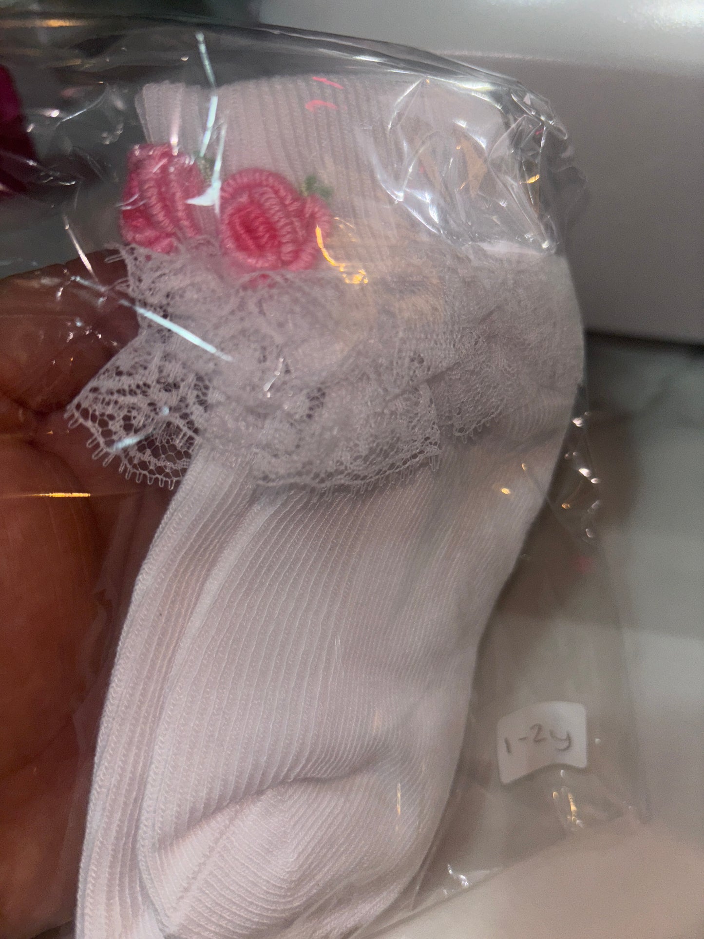 Pink Rose Hand Embroidered Frill socks 1-2y