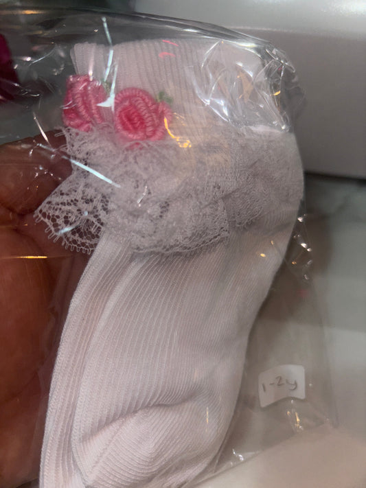 Pink Rose Hand Embroidered Frill socks 1-2y