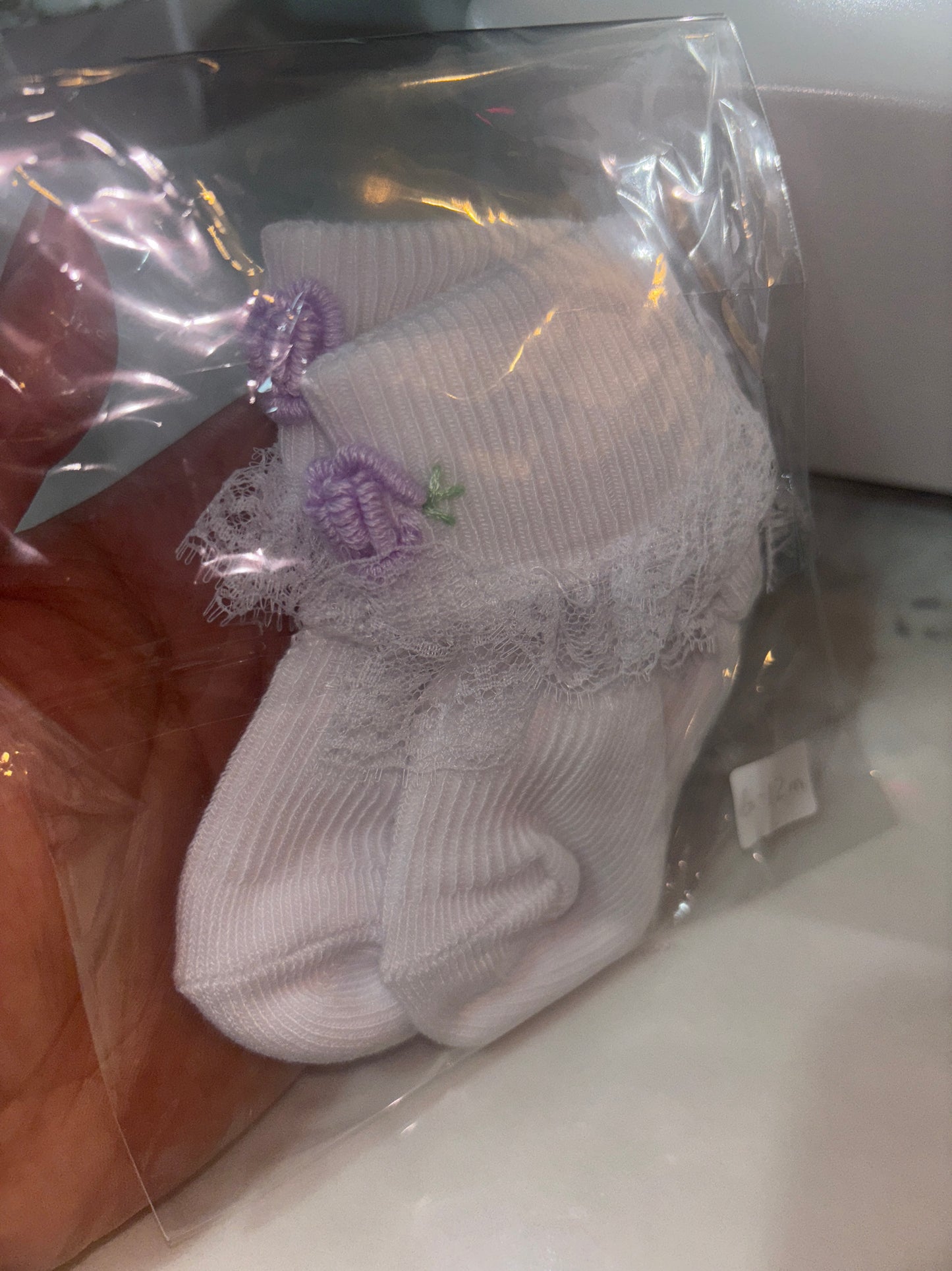 Lilac Rose Hand Embroidered Frill Socks 6-12m