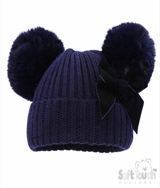 Velvet Bow Pom Pom Hats
