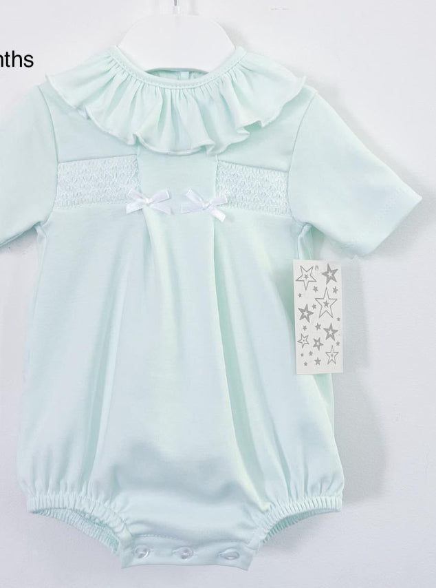 Smocked frill neck romper with bows