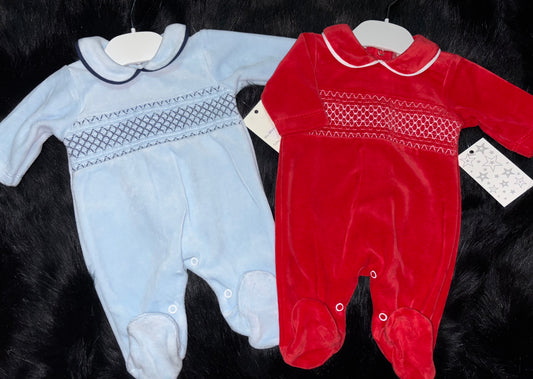Boys Smocked Velour Babygrow