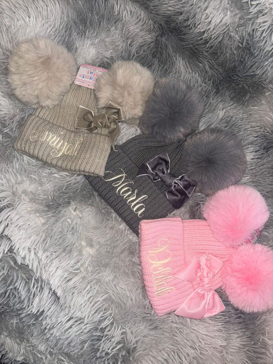 Velvet Bow Pom Pom Hats