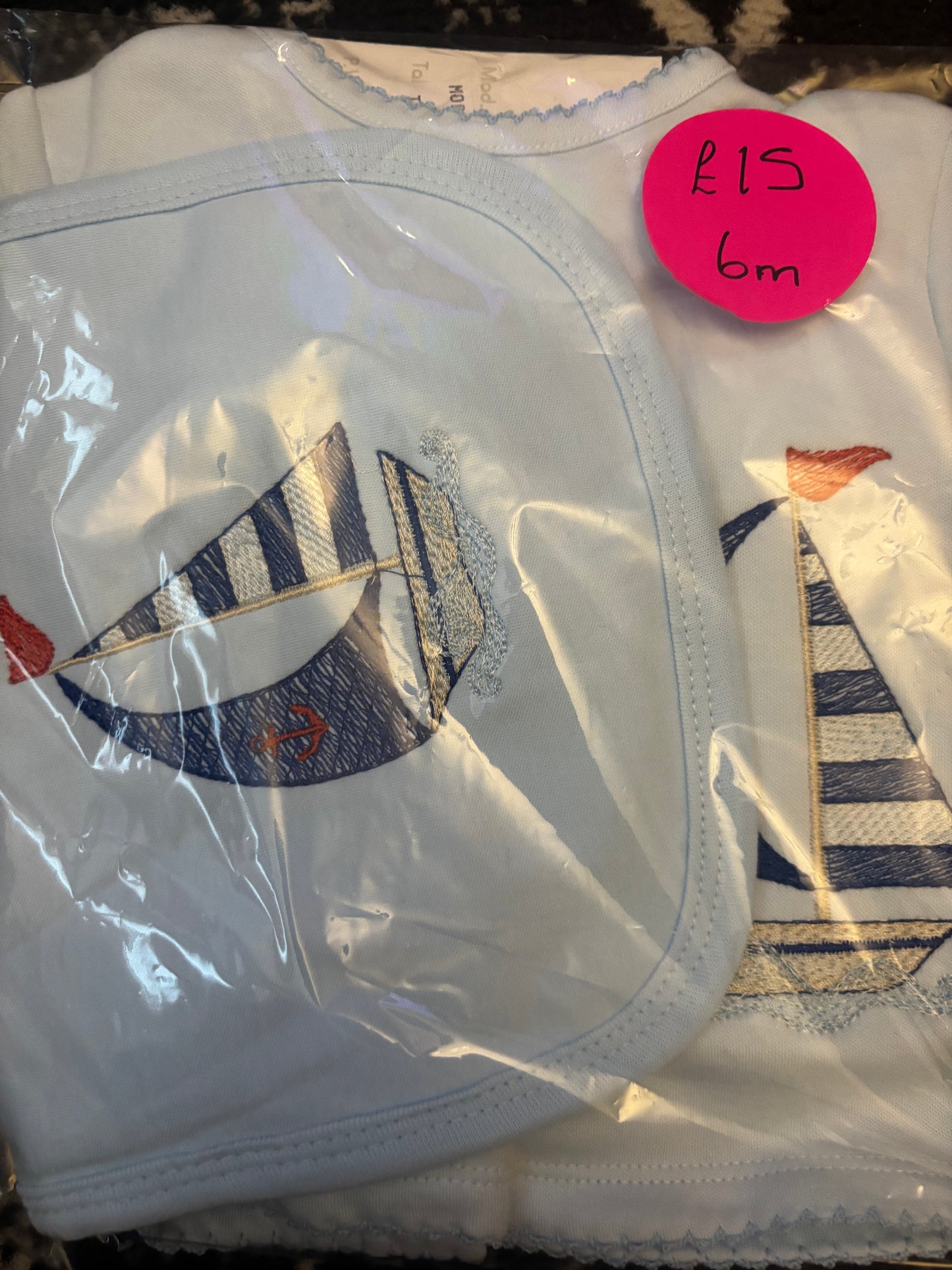 Blue 2pc Outfit and bib with boat 6m