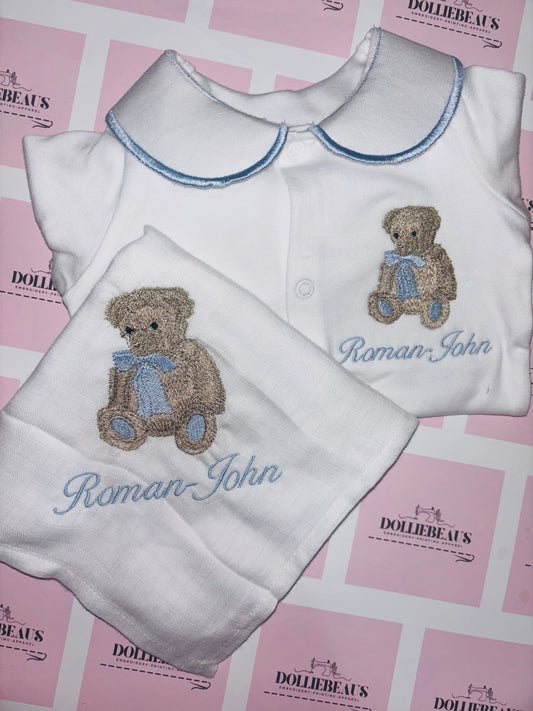 Vintage Bear Personalised Collared Babygrow Set