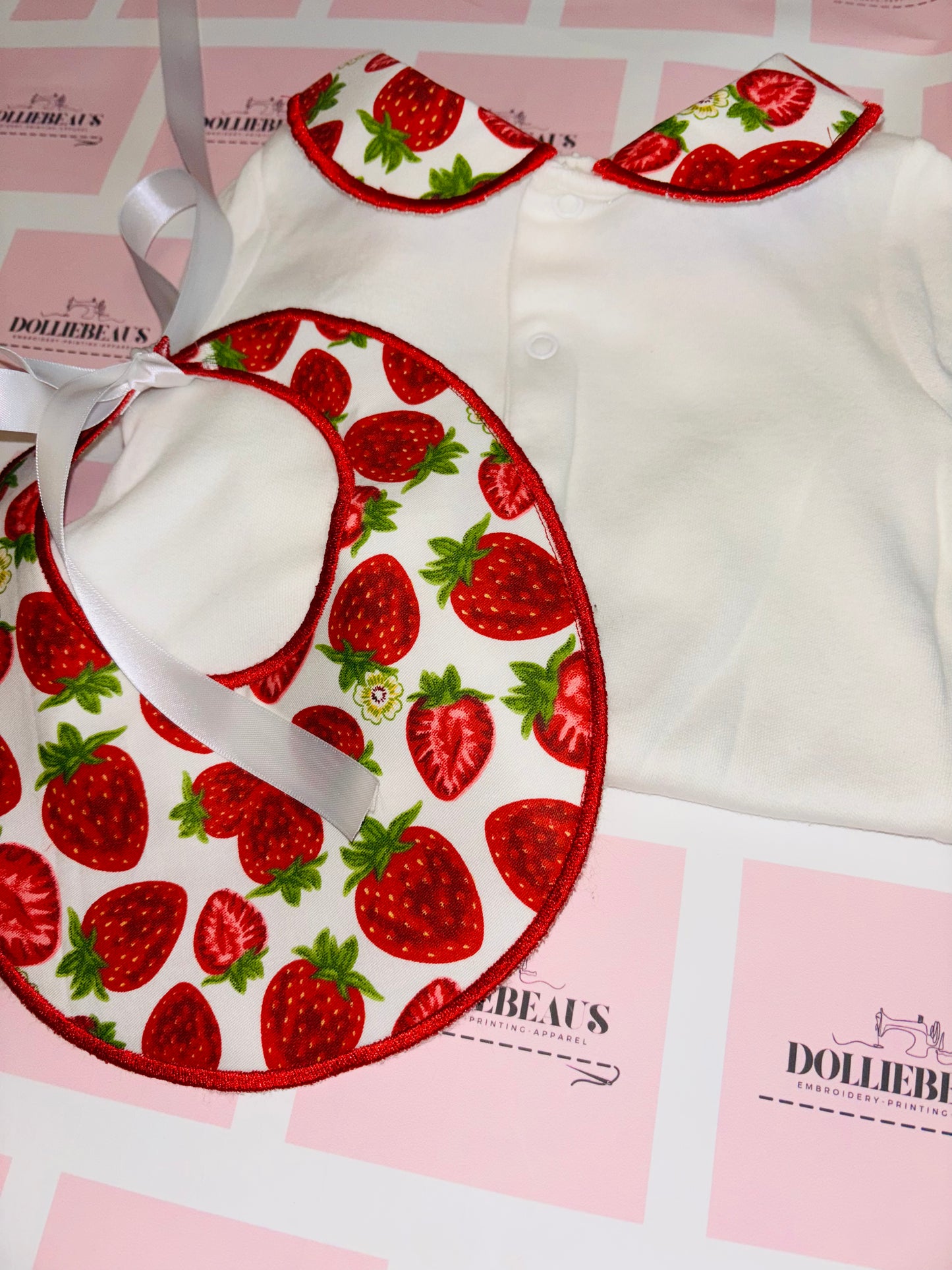 Strawberry Heaven Collared Babygrow & Bib - name can be added