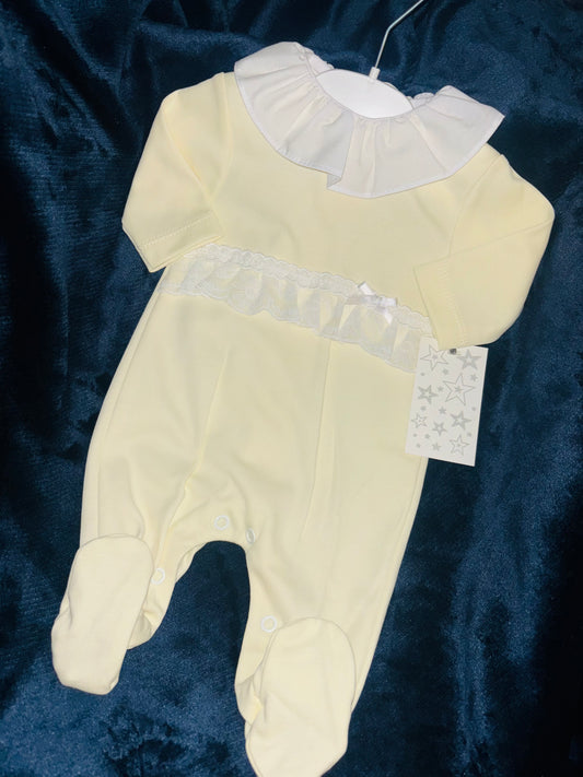 Lemon Cotton Babygrow with Lace