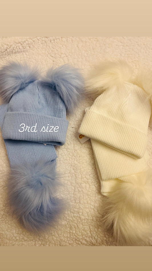 Double Pom Hat & Matching Pom Scarf - 3rd Size (approx 6m+)